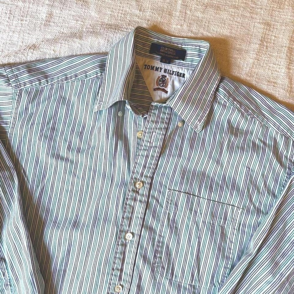 Vintage Y2K Tommy Hilfiger Green/White Striped‎ Men's Button Up